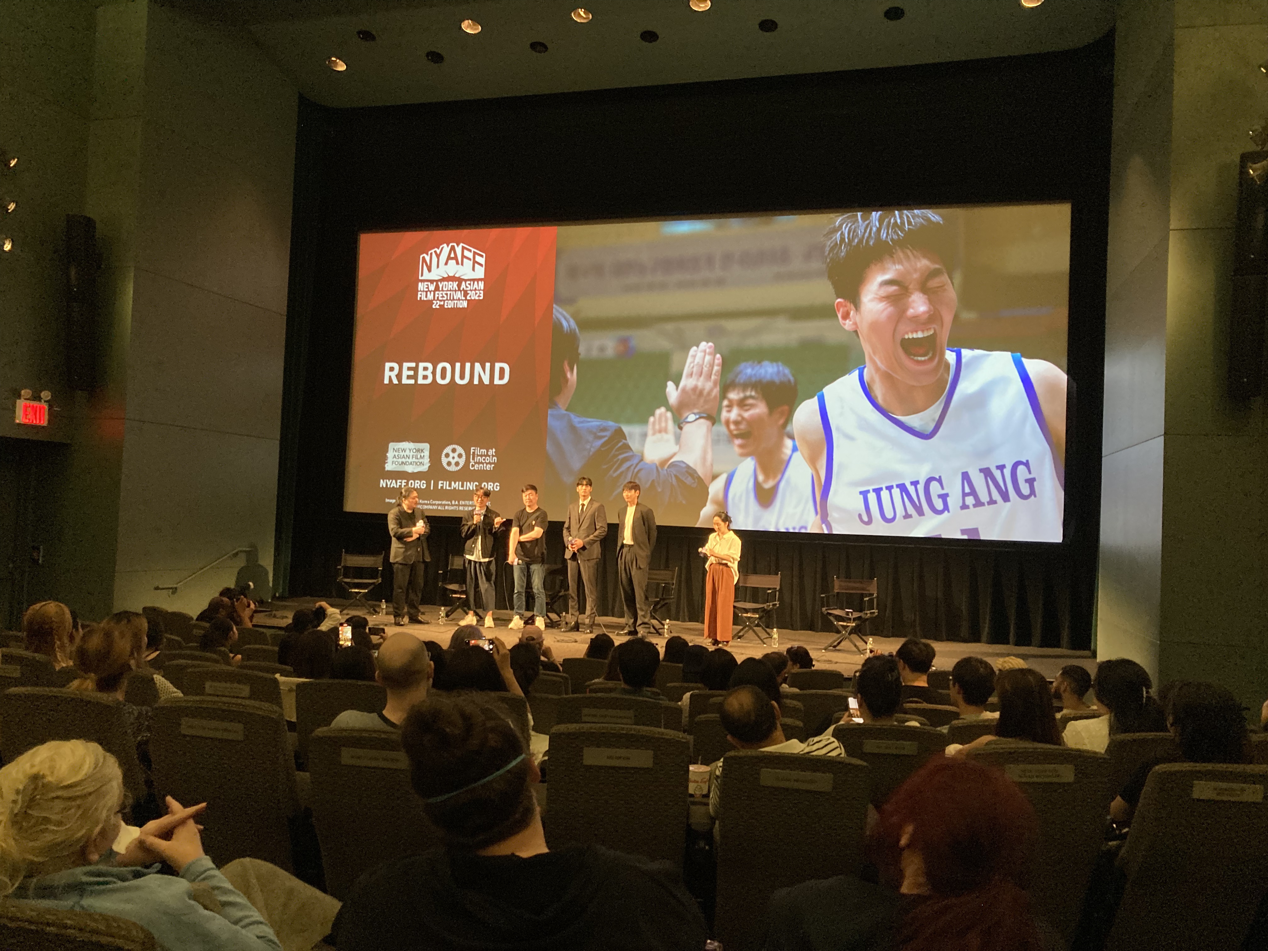 Director Chang Hang-ju, Producer Billy Acumen and Actors Jeong Jin-woon and Kim Taek introduce the New York premiere of their film, Rebound, at The 2023 New York Asian Film Festival at Lincoln Center.